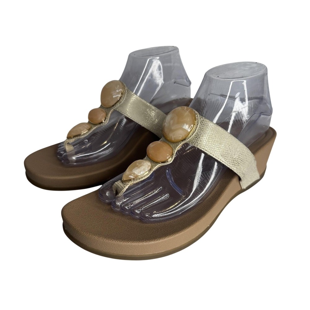 Aetrex Gold and Brown Jeweled Wedge Sandals
